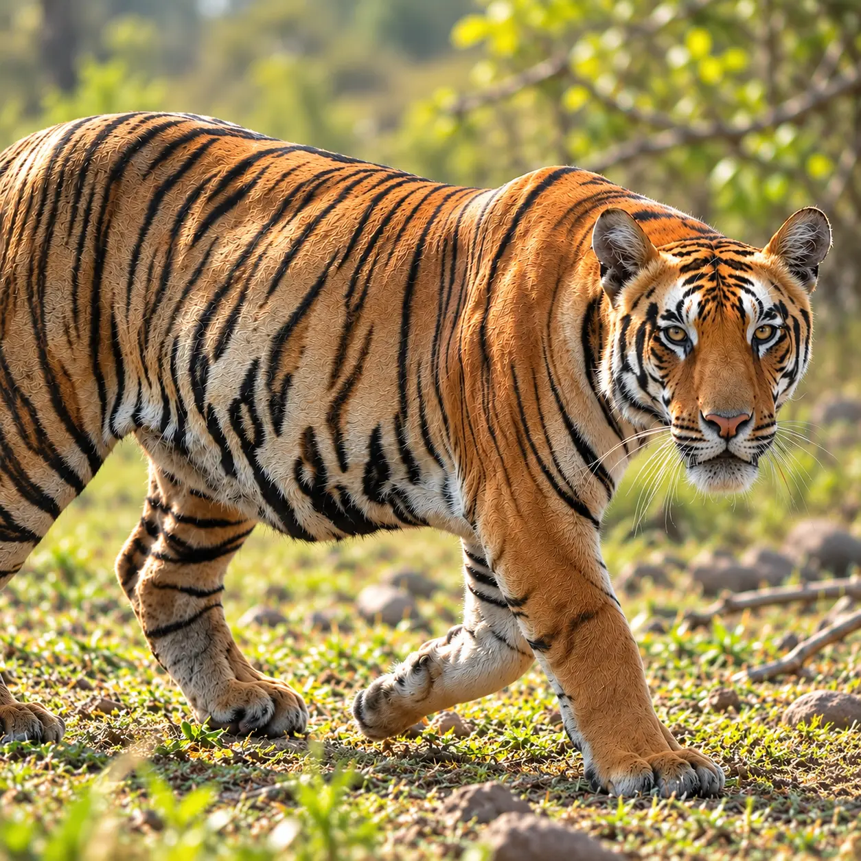 A Bengal tiger walking across grassy ground, head turned toward the camera